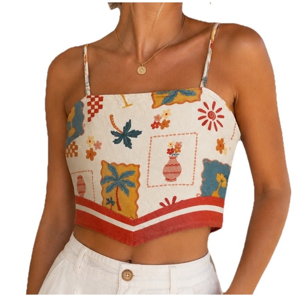 Sienna Sky Tropical Resort Linen Blend Cropped Tank Top Women’s M NWT